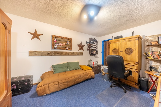 carpeted office with a textured ceiling