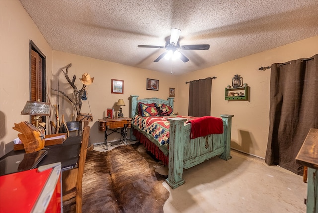 bedroom with a textured ceiling, concrete floors, and ceiling fan