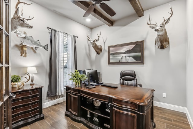 office space featuring dark hardwood / wood-style floors, beamed ceiling, and ceiling fan