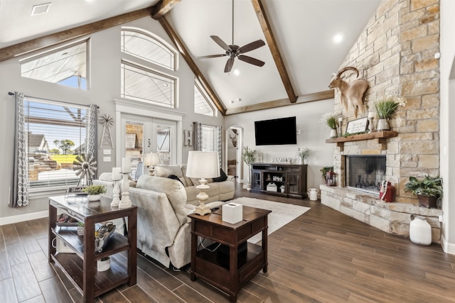 living room featuring high vaulted ceiling, beamed ceiling, dark hardwood / wood-style floors, and a fireplace