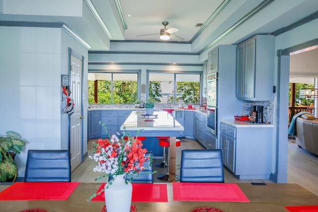 kitchen featuring crown molding, plenty of natural light, light hardwood / wood-style flooring, and ceiling fan