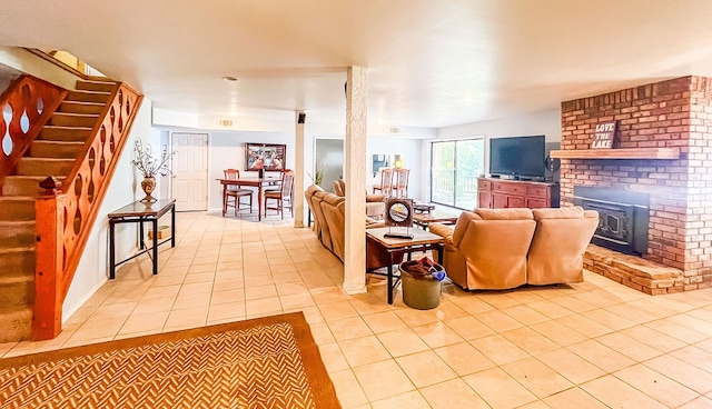 tiled living room with a fireplace