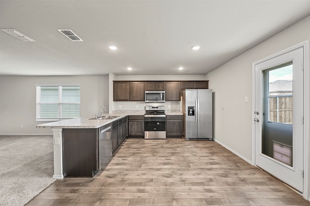 kitchen with appliances with stainless steel finishes, a healthy amount of sunlight, kitchen peninsula, and sink