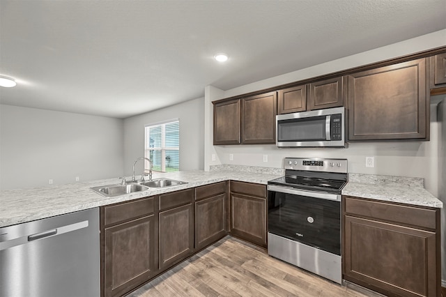 kitchen featuring dark brown cabinets, kitchen peninsula, stainless steel appliances, sink, and light wood-type flooring