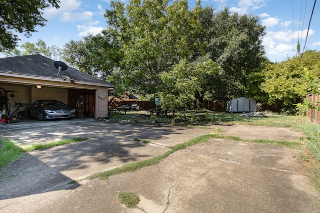 exterior space with a storage shed