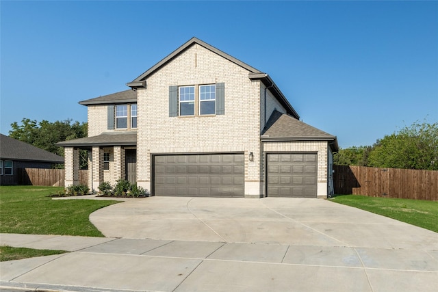 view of front property featuring a garage and a front lawn