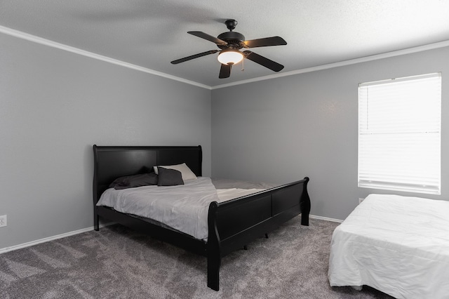 carpeted bedroom with ceiling fan, ornamental molding, and multiple windows