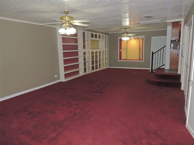 unfurnished living room with ceiling fan, carpet floors, and crown molding