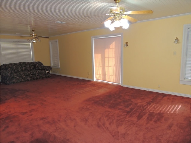 carpeted living room featuring ceiling fan and crown molding