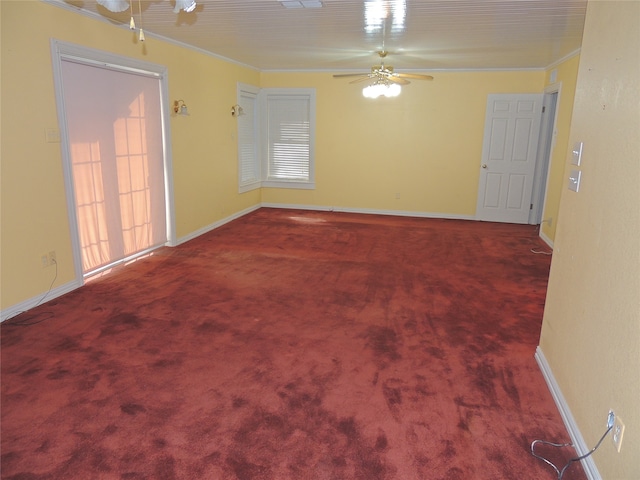 empty room with carpet floors, ceiling fan, and ornamental molding