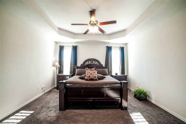 carpeted bedroom featuring a raised ceiling, ceiling fan, and multiple windows