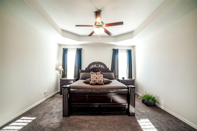 bedroom with a raised ceiling, multiple windows, and baseboards