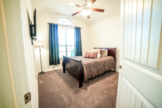 bedroom featuring carpet flooring, ceiling fan, and vaulted ceiling