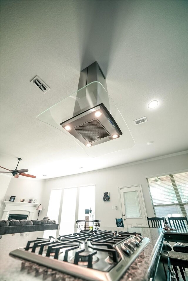 interior space with stainless steel gas cooktop and ceiling fan