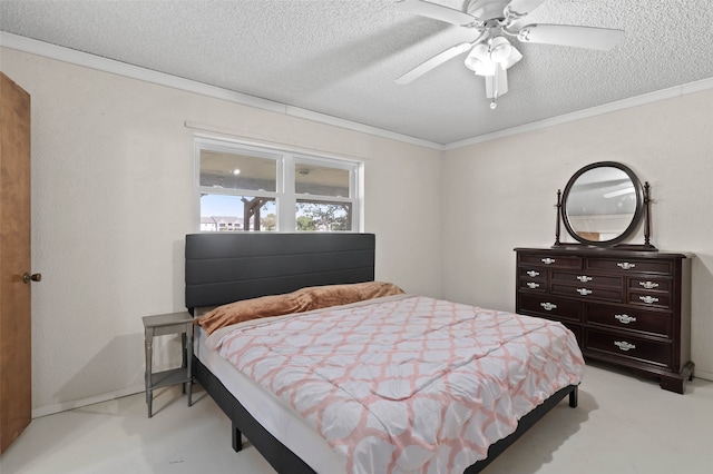 bedroom with ceiling fan, crown molding, and a textured ceiling