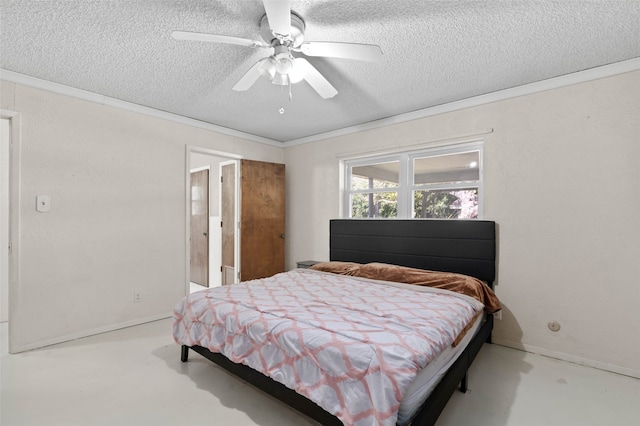 bedroom with concrete flooring, ceiling fan, ornamental molding, and a textured ceiling