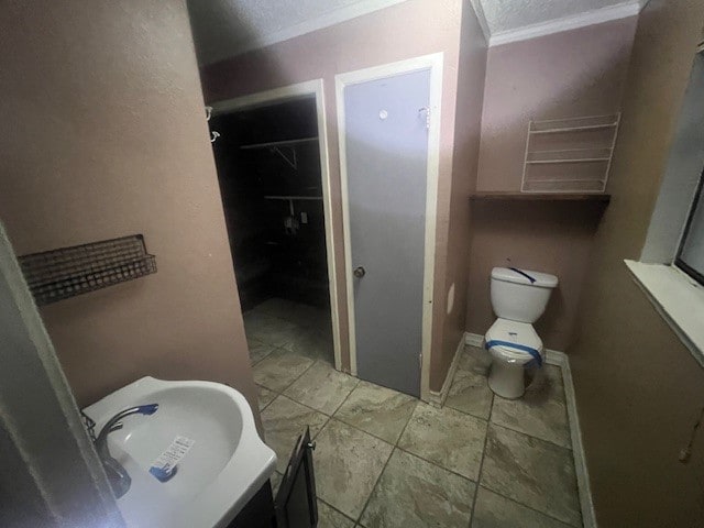 bathroom with crown molding, vanity, and toilet