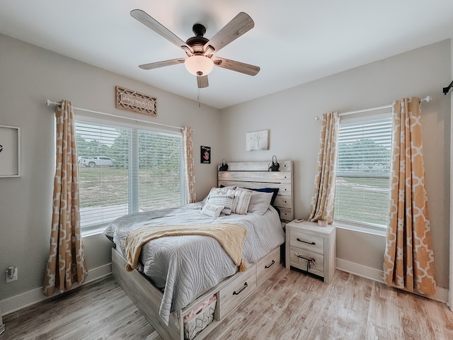 bedroom featuring ceiling fan and light hardwood / wood-style flooring