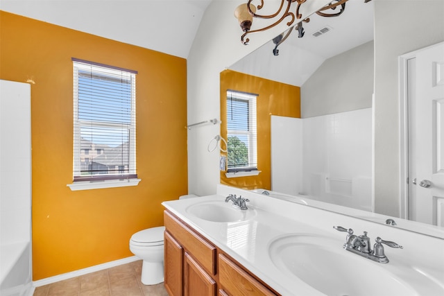 full bathroom with plus walk in shower, toilet, tile patterned flooring, vaulted ceiling, and vanity