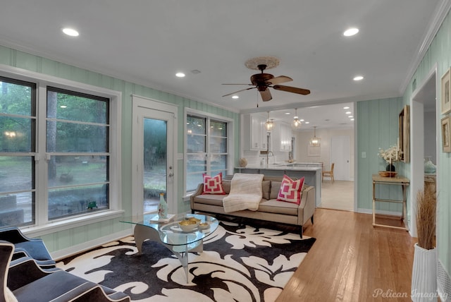 living room featuring crown molding, sink, ceiling fan, and light hardwood / wood-style floors