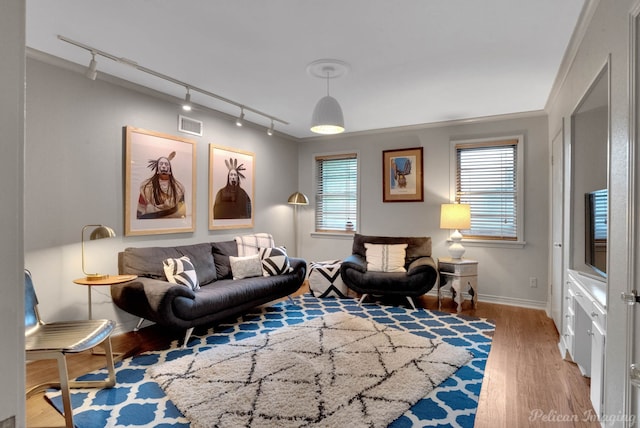 living room featuring track lighting, crown molding, a wealth of natural light, and hardwood / wood-style flooring