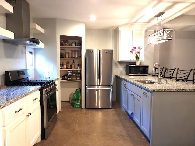 kitchen featuring exhaust hood, white cabinets, sink, appliances with stainless steel finishes, and light stone counters