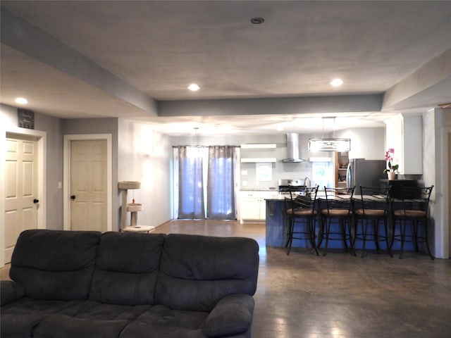 living room with dark hardwood / wood-style floors