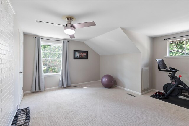 exercise area with lofted ceiling, ceiling fan, a wealth of natural light, and carpet floors