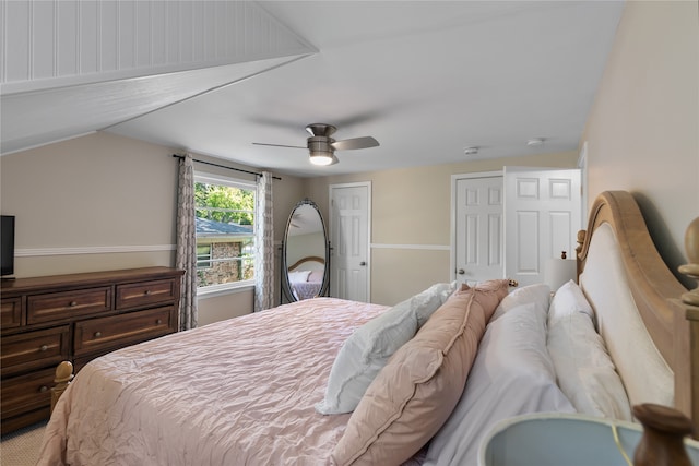 bedroom with ceiling fan and carpet flooring