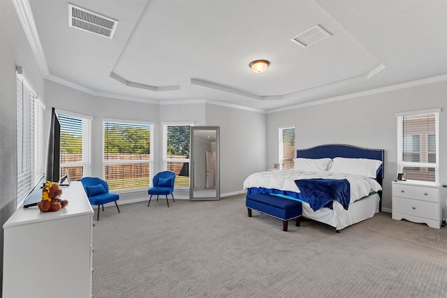 carpeted bedroom with ornamental molding and a tray ceiling