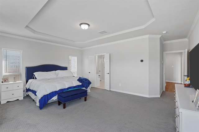 bedroom with crown molding, a raised ceiling, and carpet floors