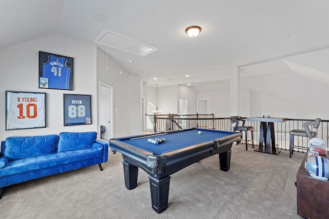 recreation room featuring lofted ceiling, pool table, and carpet floors