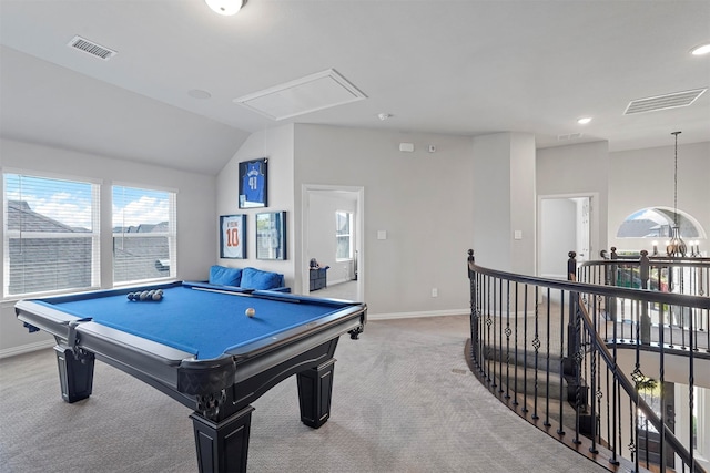 recreation room featuring lofted ceiling, pool table, light colored carpet, and a chandelier