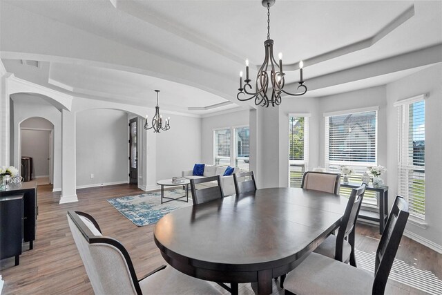 dining area with a chandelier, a raised ceiling, and wood-type flooring