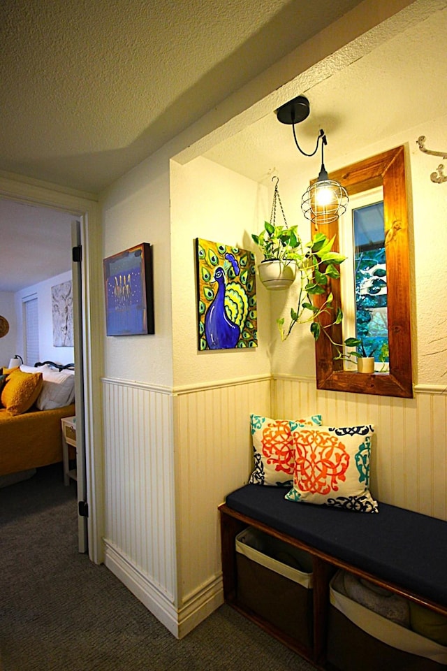 hall with wainscoting, carpet flooring, and a textured ceiling