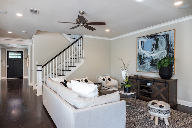 living room with ceiling fan, dark hardwood / wood-style flooring, and ornamental molding