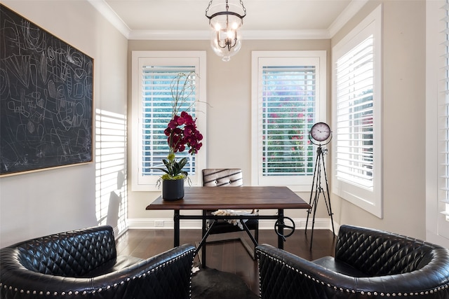 home office with plenty of natural light, dark hardwood / wood-style flooring, crown molding, and a chandelier