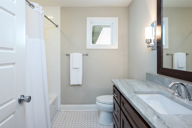 full bathroom with tile patterned floors, vanity, toilet, and shower / bathtub combination with curtain