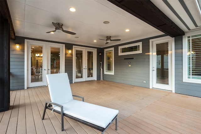 deck with ceiling fan and french doors