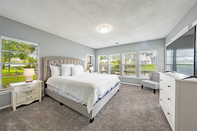 bedroom with a textured ceiling and carpet flooring