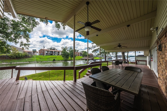 deck featuring ceiling fan, a yard, and a water view