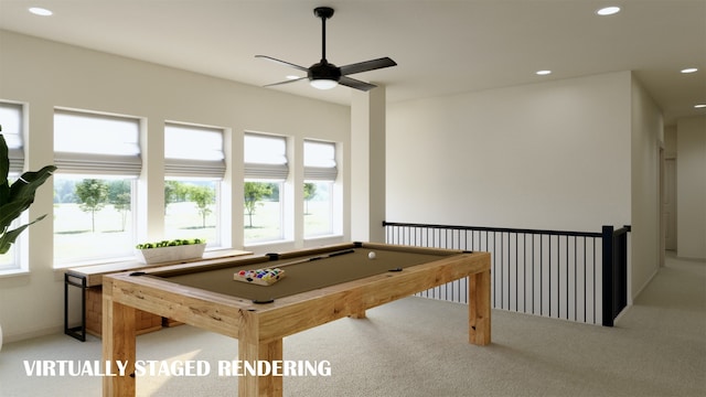 rec room with carpet flooring, billiards, a wealth of natural light, and ceiling fan