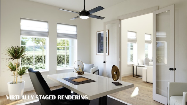 office featuring ceiling fan and light hardwood / wood-style floors