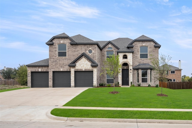 french country inspired facade with a garage and a front yard