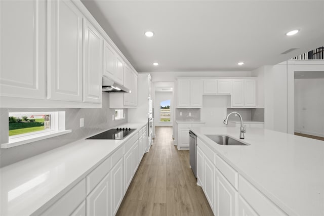 kitchen with stainless steel appliances, white cabinets, and sink