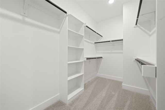 walk in closet with light carpet