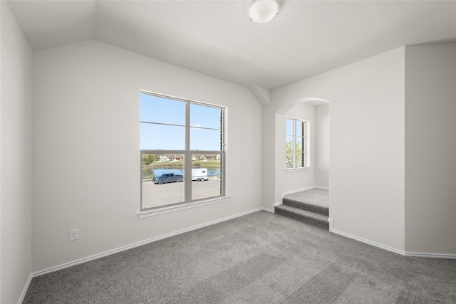 unfurnished room with carpet and lofted ceiling