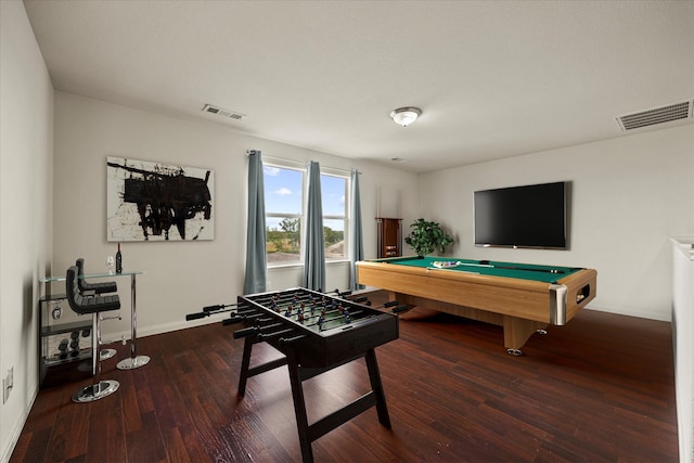 game room with dark hardwood / wood-style flooring and pool table