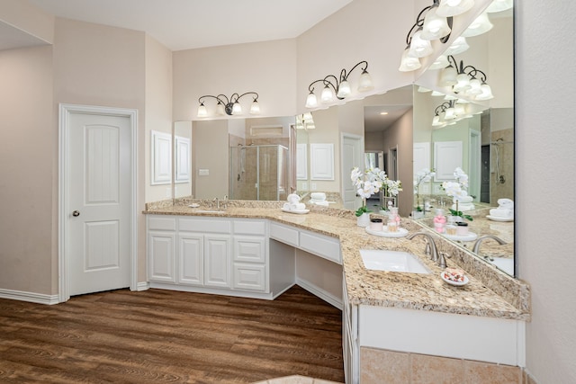 bathroom with vanity, hardwood / wood-style floors, and an enclosed shower