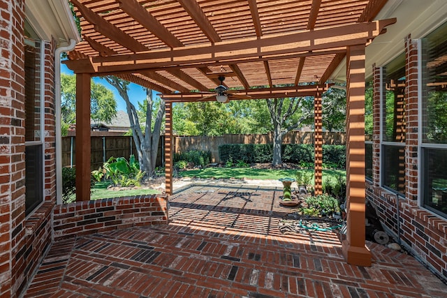 view of patio / terrace featuring a pergola and ceiling fan